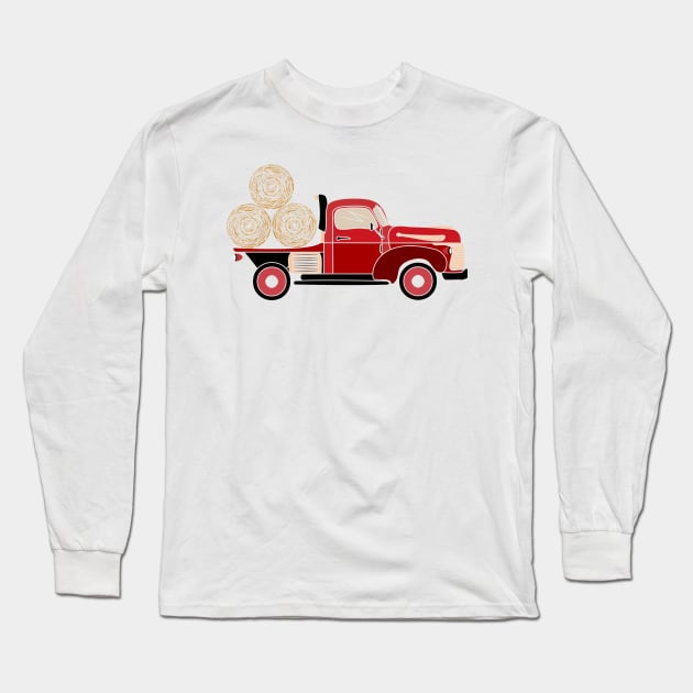 old red farm truck loading hay rolls Long Sleeve T-Shirt by bloomroge